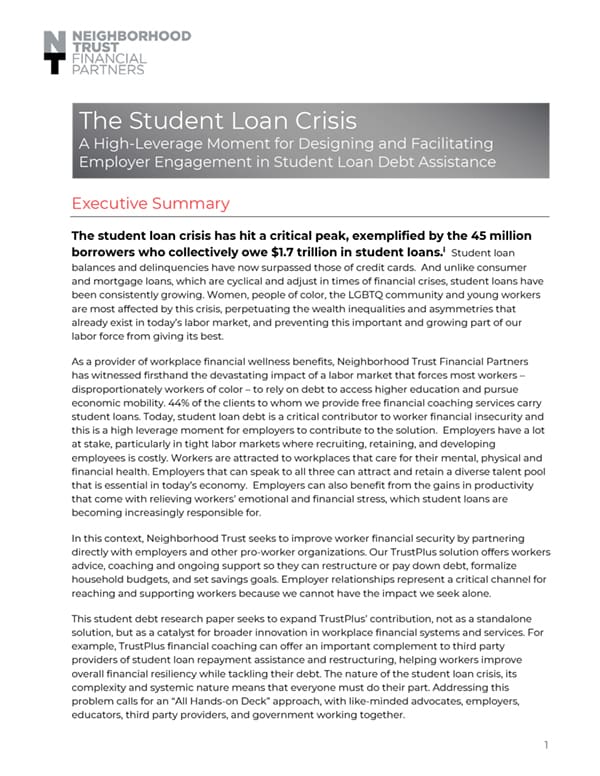 Neighborhood Trust Student Loan Debt Assistance White Paper