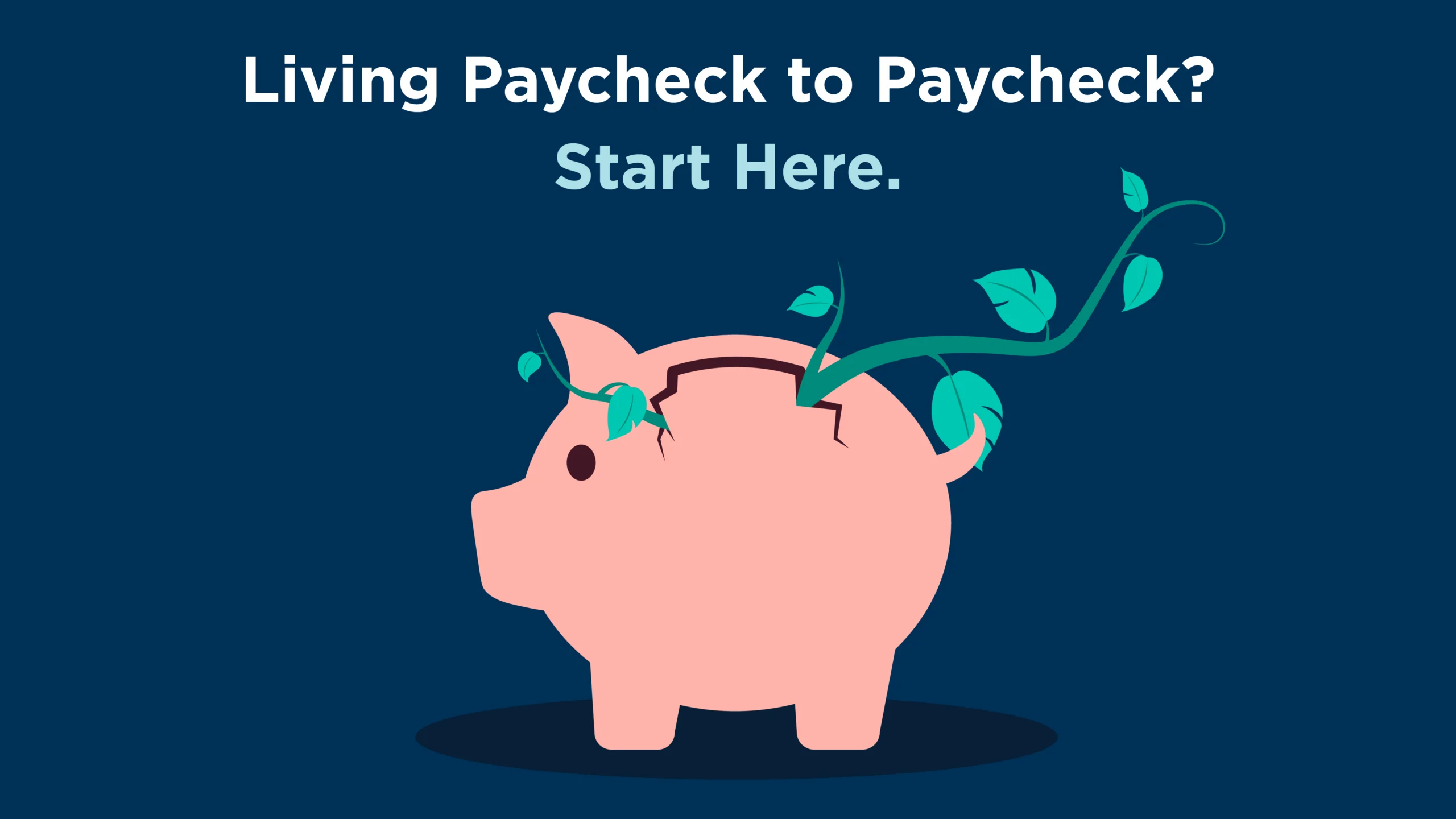 An illustration of a cracked piggy bank with green plants growing out of the top, symbolizing financial growth and breaking the paycheck-to-paycheck cycle