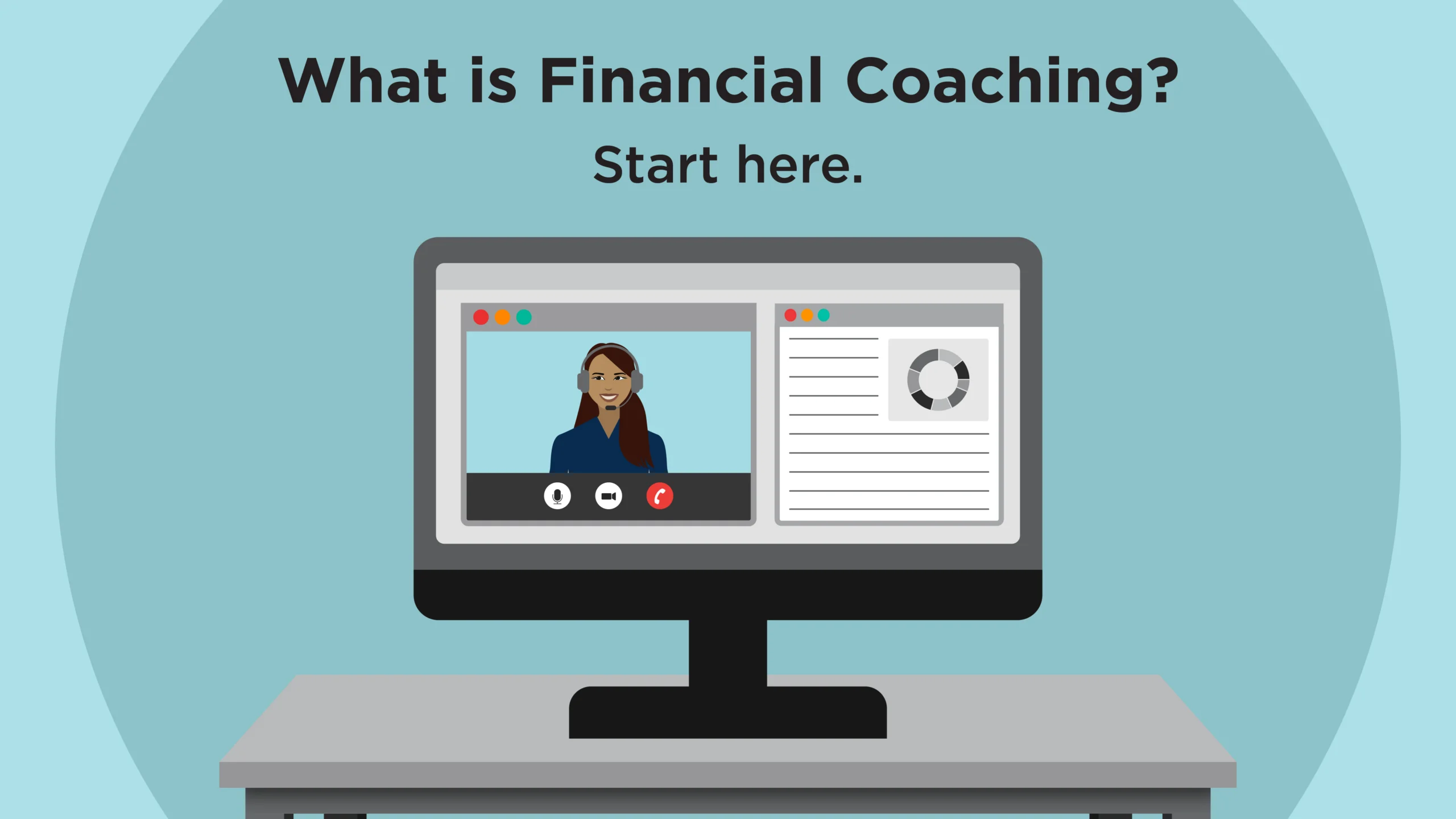 A financial coaching video call on a computer screen, with a smiling financial coach in a headset beside a chart