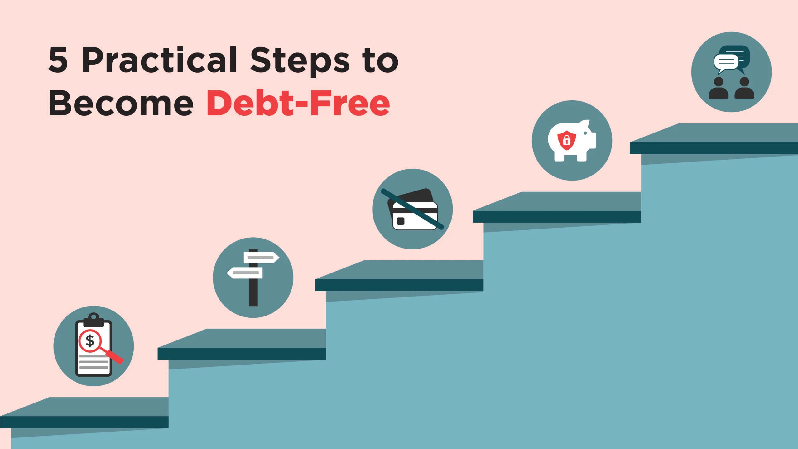 Five icons rise up a staircase: review debts, choose a plan, stop borrowing, save, and meet a coach to get out of debt