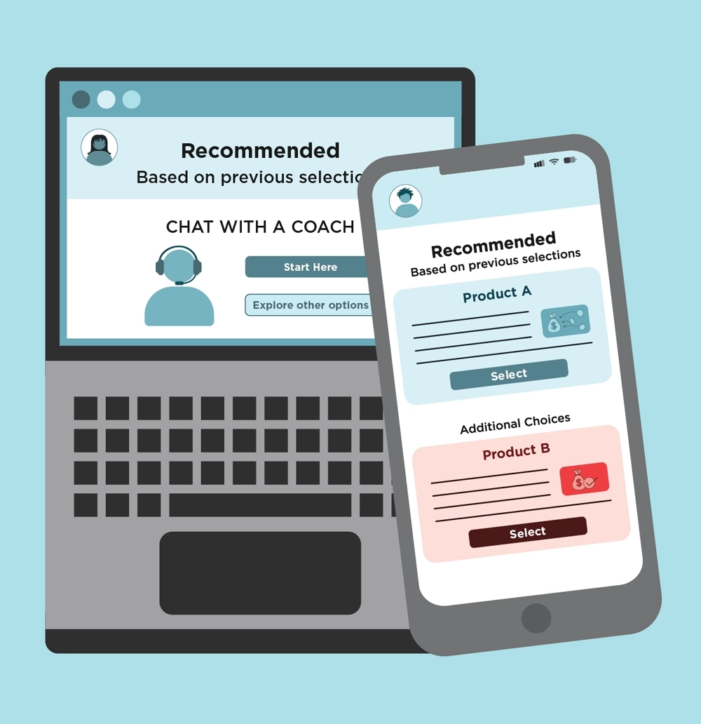 The Marketplace on a laptop and phone, offering a chat with a coach alongside recommended financial products