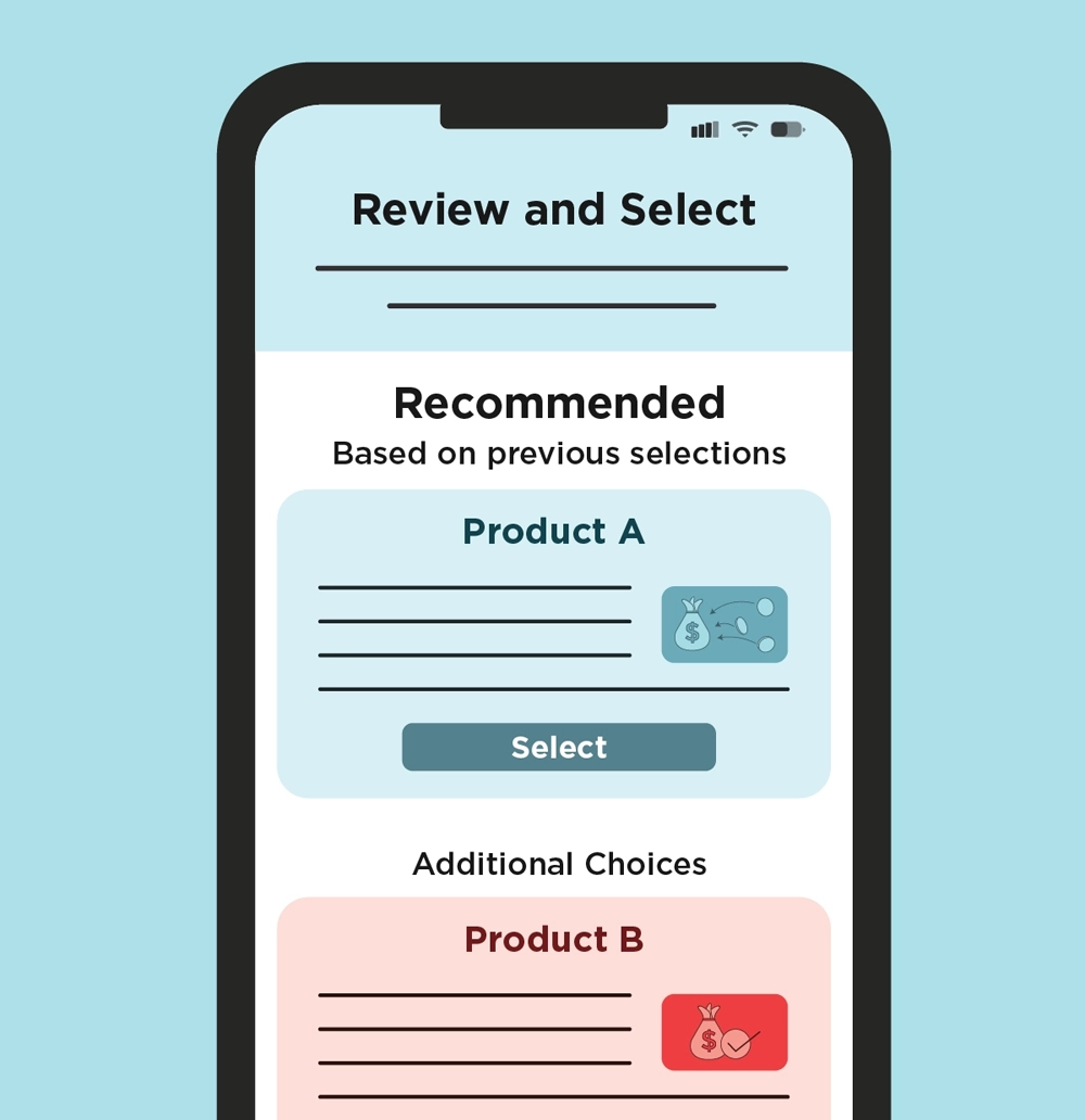 Phone screen headed Review and Select, showing a recommended product plus additional choices, each with a Select button