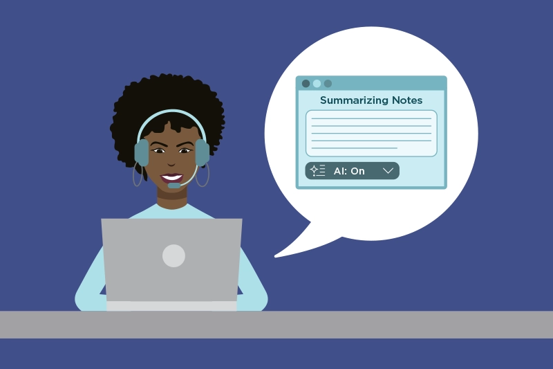 A coach wearing a headset works at a laptop while an AI tool summarizes her session notes