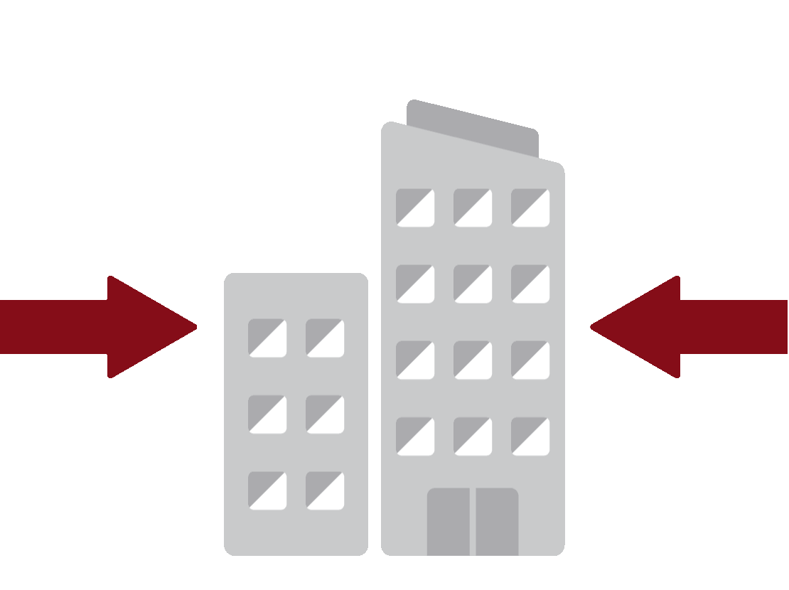 Office buildings squeezed between two arrows, showing pressure on institutions from both sides